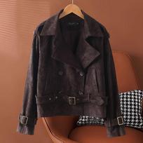 Short anti-leather velvet top, new autumn fashion trend lapel retro slim jacket M 42.5-57.5kg brown