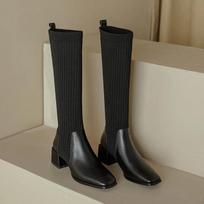 Rudens žiemos megzti ilgaauliai Moteriški Nauji Aukštakulniai Batai Moteriški Batai Aukštakulniai Retro Elastingi Botas Mujer 202 37 juoda