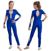 Vaikų mergaičių dailiojo čiuožimo gimnastikos šokių pasirodymo kostiumo kombinezonas ilgomis rankovėmis Unitard Bodysuit 5-6 Years karališkos mėlynos spalvos
