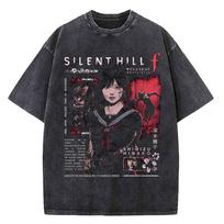 Vintage Washed T Shirts Horror Silent Hill Hip Hop Tshirt Street Streetwear Short Sleeve Printed Tops Tees Men Women L black