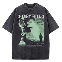 Vintage Washed T Shirts Horror Silent Hill Hip Hop Tshirt Street Streetwear Short Sleeve Printed Tops Tees Men Women XL gray