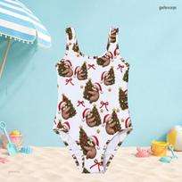 Girls White Scoop Neck Wide Straps Sleeveless One Piece Swimsuit Christmas Flamingo Printed 140 white