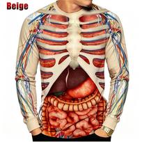 Vyriški ilgomis rankovėmis marškinėliai Žmogaus anatomija Organai Skeletas 3D spaudinys Apvali apykaklė Helovino vakarėliui Laisvalaikio viršutiniai drabužiai 4XL beige