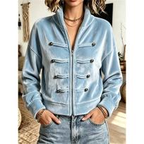 Women Velvet Stand Collar Cropped Jacket Frog Buttons Decor Long Sleeve Zip Up Casual Loose Short Coat S melsvėmėlis