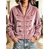 Women Velvet Stand Collar Cropped Jacket Frog Buttons Decor Long Sleeve Zip Up Casual Loose Short Coat S rožinė