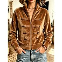 Women Velvet Stand Collar Cropped Jacket Frog Buttons Decor Long Sleeve Zip Up Casual Loose Short Coat S ruda