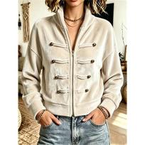 Women Velvet Stand Collar Cropped Jacket Frog Buttons Decor Long Sleeve Zip Up Casual Loose Short Coat XL balta