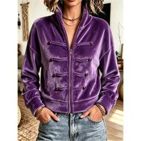 Women Velvet Stand Collar Cropped Jacket Frog Buttons Decor Long Sleeve Zip Up Casual Loose Short Coat XXL violetinė