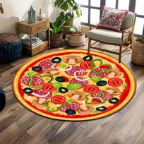 Colorful Pizza Topping Design Print round rug, living room, bedroom, playroom carpet, non slip floor mat, gift 60cmx60cm black