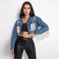 Women's Fringe Jacket Tassel Cropped Denim Jacket Raw Hem Ripped Crop Jean Jackets XS gray