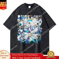 Angemon T Shirts Vintage Washed Anime Digimon Adventure T-shirt Oversized Streetwear Retro Short Sleeve Angewomon Tops Tees Men M gray