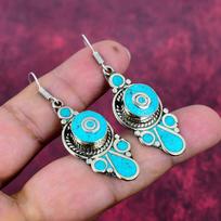 Turquoise Slice Earrings Gemstone Jewelry, 925 Solid Sterling Silver Earrings, Handmade Earrings Gift For Birthday Jewelry 2.5 Inches blue