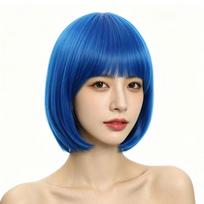 Cosplay Vibrant Bob Wig Fluffy Short Straight Bob Hair Halloween Colored Bangs Wig  Themed Events mėlyna