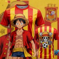 One Piece Monkey D. Luffy Spain National Team  Quick Dry T-Shirt For  Kids Anime Football Fan Tee Outdoor Sportswear 160 red