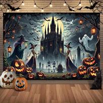 Happy Halloween backdrop banner, ball outside the castle, carnival, festival, celebration activitieszyc 59×39inch/150*100cm gray