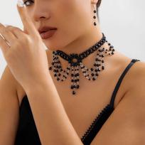 Gothic beaded woven crystal choker set female, personalized dark fringed collar jewelry beige