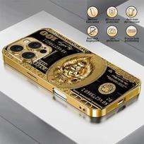 Turto Liūto Raštas Auksinės Metalinės Dažų Stiklinis Telefono Dangtelis iPhone 17 16 15 14 13 12 11 Pro Max 15 14 Plus 17 Air 16E iPhone 13 Pro