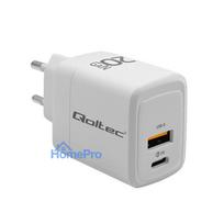 Qoltec GaN 20W charger, 5-20V, 1.5-3A, 1 x USB-C PD, 1x USB QC 3.0, White