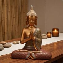 Base Buddha Statue Ornate Patterned Seated Praying Gesture Home Decor for Spa, brown