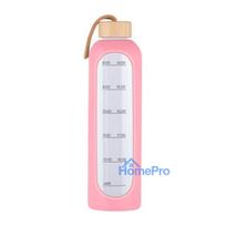 Sports Bottle - KiCA Hydro Glass 1000ml With Silicone Sleeve And Bamboo Stopper - Pink