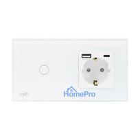 PNI SH115W simple glass switch with touch, combined with Schuko socket and USB plugs