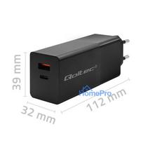Qoltec 52382 GaN POWER PRO charger , 1xUSB type C , 1xUSB A , 100W , 5-20V , 1.5-5A , PD , Black