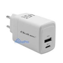 Qoltec 51825 GaN 45W charger, 5-20V , 1.5-3A , 1 x USB-C PD , 1x USB QC 3.0 , White