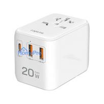 USB-A / C Travel charger, 20 W, GaN, 3-port, 2x USB-A (QC), 1x USB-C (PD), Slim Version, White