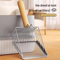 Two-in-One Cat Litter Scoop: Large Stainless Steel Mesh with Wood Handle for Sand and Tofu Litter Wood Handle Metal Chrome Mesh Cat Litter Scoop sidabras