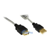 USB 2.0 extension cable, male A to female A, high quality with ferrite core and gold contacts, transparent, 5m