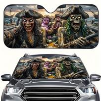 1Pcs Vibrant Playful Pirate Skeleton Car Windshield Sun Shade With 4 Free Suction Cups, Easy Installation, For Rvs & Suvs 130x70cm black