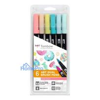 Tombow ABT-6P-4 Dual Brush Pen Set - 6 Pildspalvas ar Smalku un Otas Uzgali - Daudzkrāsainas - Apaļas