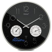 MEBUS 12988 Radio Wall Clock with Thermo-Hygrometer - Silver / Grey Frame, White Dial, Analog Time Display, Digital Temp