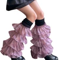 Women Ruffle Lace Leg Warmer Sweet Thigh High Socks Mesh Flared Leg Socks Princess Leg Sleeves Halloween Costumes violetinė