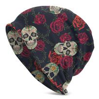Skull Flower Beanie Slouchy Chemo Hats, Skull Caps Baggy Headwear for Jogging One Size gray