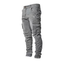Street Elastingi Džinsai Vyriškos Džinsinės Cargo Kelnės Skalbtos Vienspalvės Daug Kišenių Laisvalaikio Vidutinio Juosmens Slim Fit Kasdieniam Dėvėjimui Joggeriai XL pilka