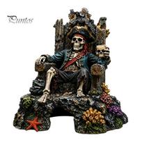 Fish Tank Hiding Spots Pirate Skeleton Throne Aquarium Ornament, Resin Hideout Cave for Small Themed Decor Fish, Realistic Skull King Castle black
