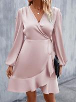 Madinga Elegantiška Moteriška Satino Mini Suknelė Ilgomis Pūstomis Rankovėmis Vestidos V-Kaklo Juostelėmis Raizgyta Šventinė Vasarinė Suknelė XL rožinė