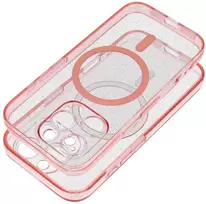 OEM dėklas iPhone 15 permatomas Mag dangtelis – blizgus (STR / CAMERA PROTECTION), suderinamas su MagSafe, rožinis blizgus