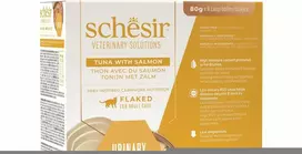 Schesir Veterinary Solutions Urinary, maistas katėms su morkomis, tunu ir lašiša, sultinyje, 8x80g, skardinė, pakuotė (SR-1150)
