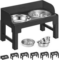 Gertuvė Songmics Reguliuojamo aukščio šėrimo stotelė su nerūdijančiojo plieno ir lėto ėdimo dubenimis, juoda, 42,5 × 24 × 36,5 cm