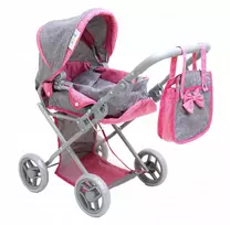 Doris Lėlių vežimėlio rinkinys 3in1, 6 dalių, su nešyne, patalyne, krepšiu ir kilimėliu, pilka / rožinė