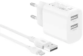Įkroviklis XO tinklo 2x USB 2,4A baltas + kabelis Lightning (CE55)