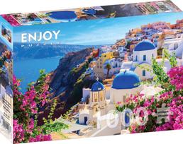 ENJOY PUZZLE dėlionė SANTORINIO VAIZDAS SU GĖLĖMIS, GRAIKIJA, 1000 dalių, 68x48 cm, Enjoy-1083