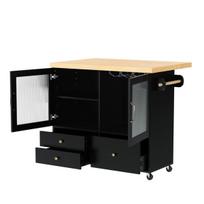 Juoda mobili virtuvės sala 100x42x92 cm su ištraukiamu stalviršiu vyno lentyna ir ratukais virtuvei ir svetainei