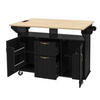 Juodas mobilus virtuvės vežimėlis 120x40x92 cm su ištraukiamu stalviršiu lizdais ir 5 ratukais virtuvei ir lentynomis