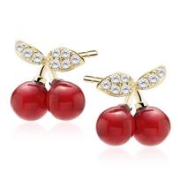 Sidabriniai auskarai vinukai su vyšniomis – padengti 14K geltonuoju auksu, cirkoniai, 925 sidabras