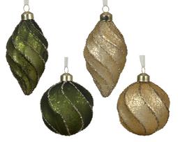 Stiklinis kalėdinis eglės žaisliukas BAUBLE, 4 rūšių, žalsvos/auksinės sp., 8 cm, 1 vnt