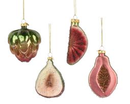 Stikl. kalėdinis eglės žaisliukas FRUIT, 4 rūšių, įvairių sp., 7,4 x 8,9 cm, 1 vnt