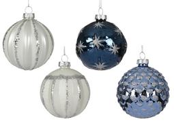Stiklinis kalėdinis eglės žaisliukas BAUBLE, 4 rūšių, mėlynos/baltos sp., 8 cm, 1 vnt